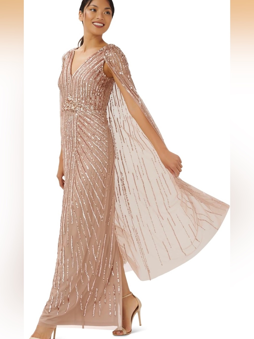 Adrianna Papell Blush Sequin Cape Gown - Elegant Evening/Formal Dress